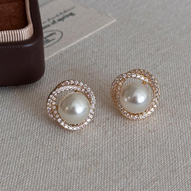 Silver Triangle Swirl Stud Earrings with Zircon and Pearl – French Retro, Luxurious Versatile Design