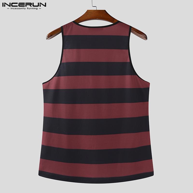 INCERUN Men Low-cut Sleeveless Striped Print Casual Loose Tank Tops