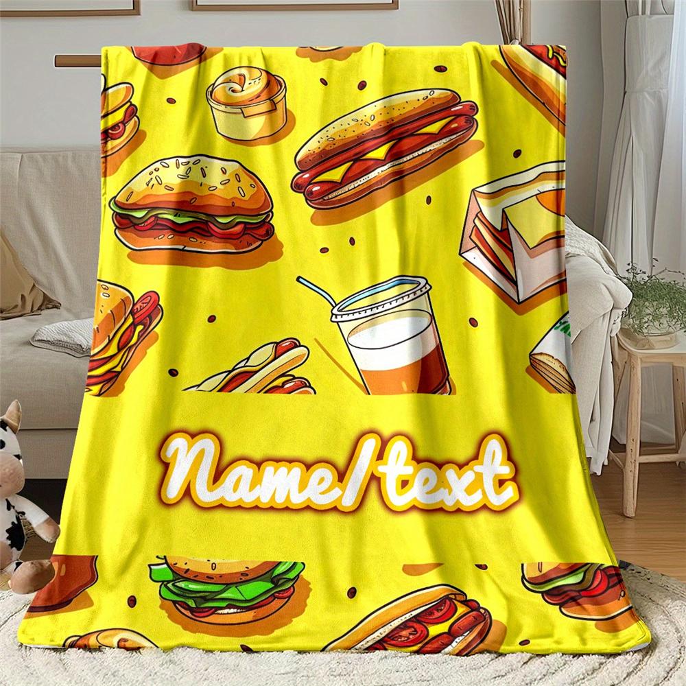 Custom name hamburger-themed flannel blanket, soft blanket, suitable for sofas, beds, birthdays, children, friends, gifts