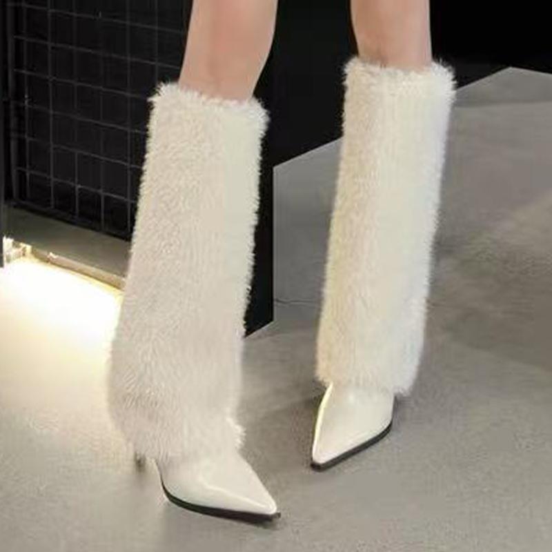Mode Pelz Damen Hohe Stiefel Spitzschuh Hohe Absätze Luxusschuhe Warm Mode Frau Schneestiefel 2025 Designer Sexy Elegant Botas De Mujer