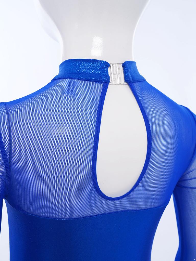 Girls Gymnastics Performance Costume Sheer Mesh Patchwork Wide Leg Metallic Long Sleeve Jumpsuit