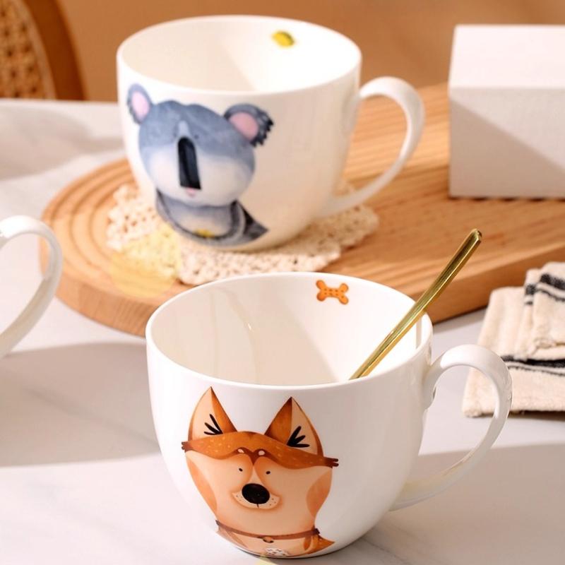 600ml Velkokapacitní keramický hrnek slon s víčkem a lžičkou – Roztomilý zvířecí design Snídaňová miska, Miska na ovesnou kaši, Šálek na kávu