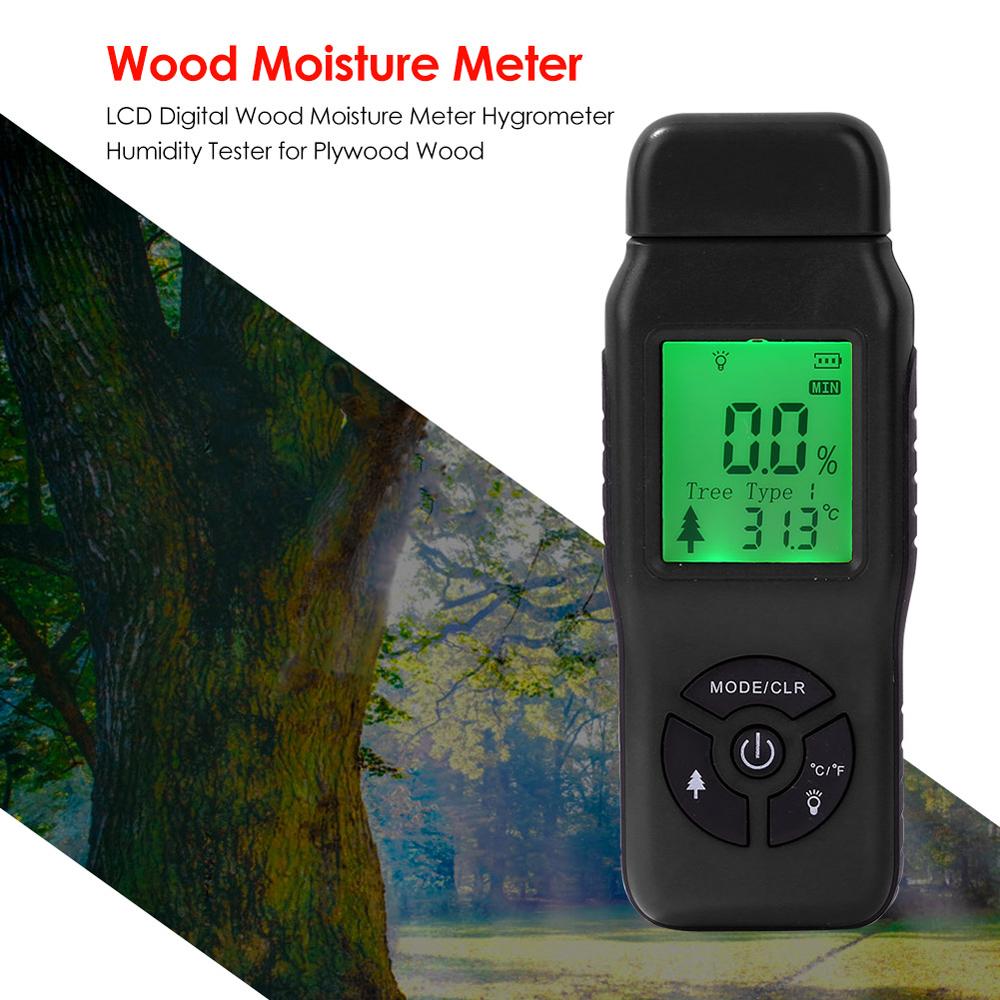 Digital Wood Moisture Meter LCD Display with Backlight Timber Humidity Tester Moisture Content Temperature Detector Wood Types Selectable