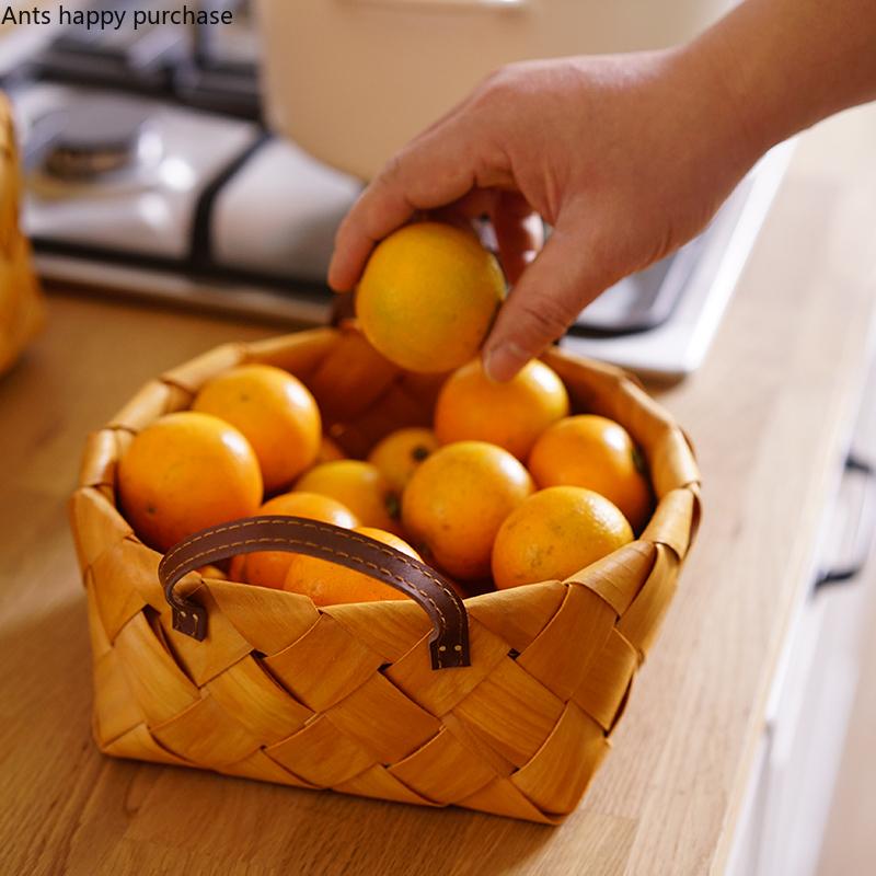 Handmade Wooden Woven Storage Basket Leather Binaural Fruit Basket Bread Baskets Sundries Storage Tray Organizer Photo Props