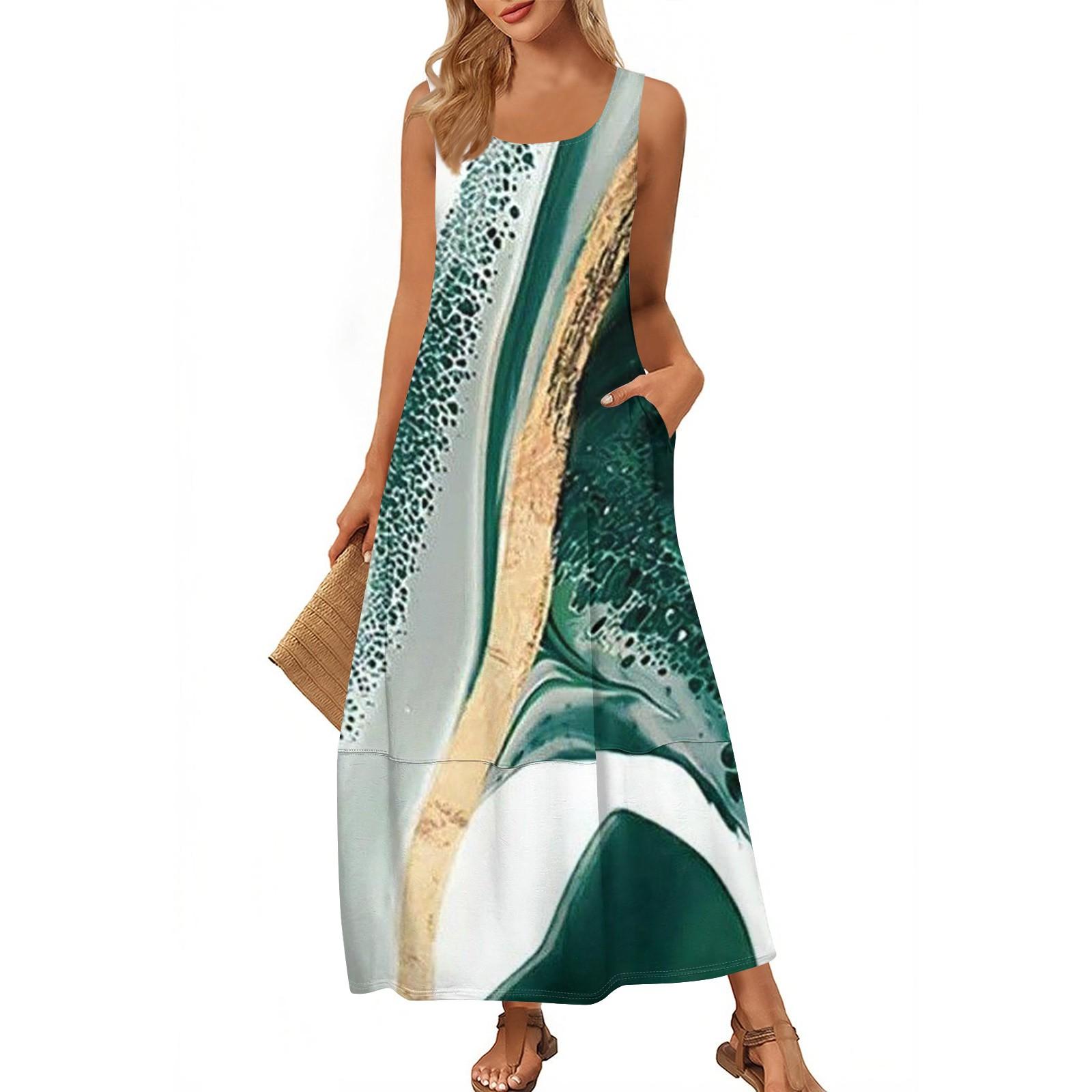 

Женская модная повседневная юбка макси, летняя пляжная юбка с круглым вырезом, без рукавов, свободный сарафан с цветными блоками и принтом L армия зеленый