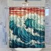 Japanese Wave Art Shower Curtain, Retro Monochrome Abstract Wave Decorative Bathroom Curtain, Asian Style Ocean Theme