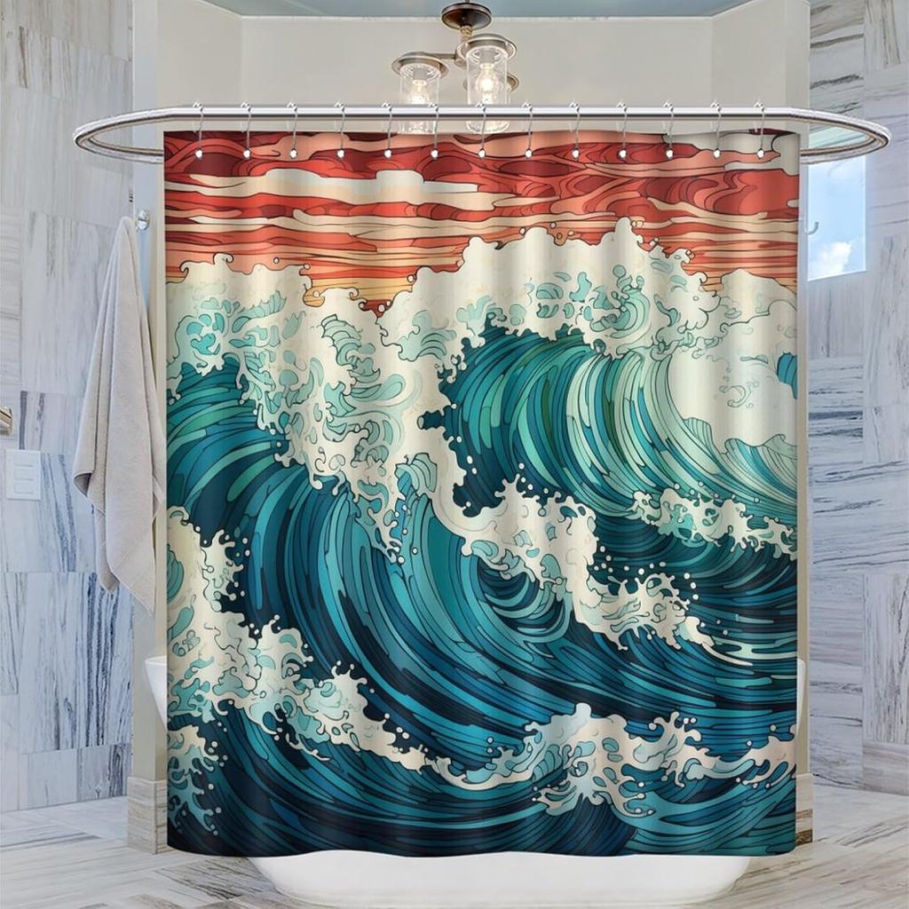 Japanese Wave Art Shower Curtain, Retro Monochrome Abstract Wave Decorative Bathroom Curtain, Asian Style Ocean Theme