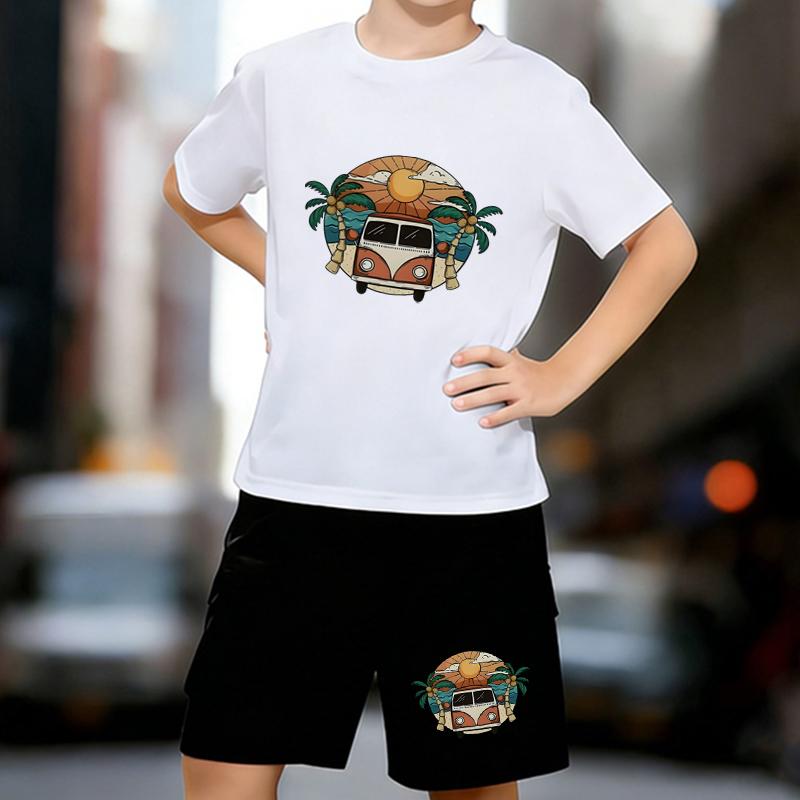 

Boys 2 Piece Vintage Beach Trip Print outfit, Short Sleeve T-Shirt and Shorts Set for Kids Age 5-14,Black ,White Sporty Casual Summer Clothes 13-14 Years білий