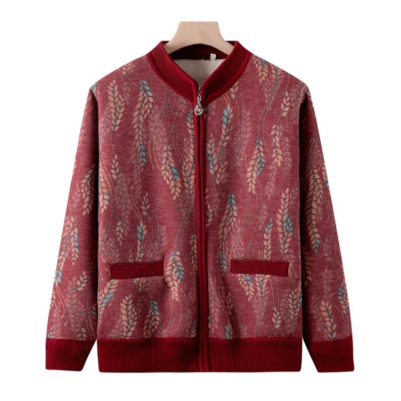 Mom's Autumn and Winter New Fleece Cardigan Medium Grandma Thickened Top Cardigan Knitted Sweater for the Elderly