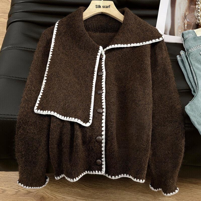 Women s Vintage Colorblock Lamb Wool Blend Scarf Collar Sweater One Size