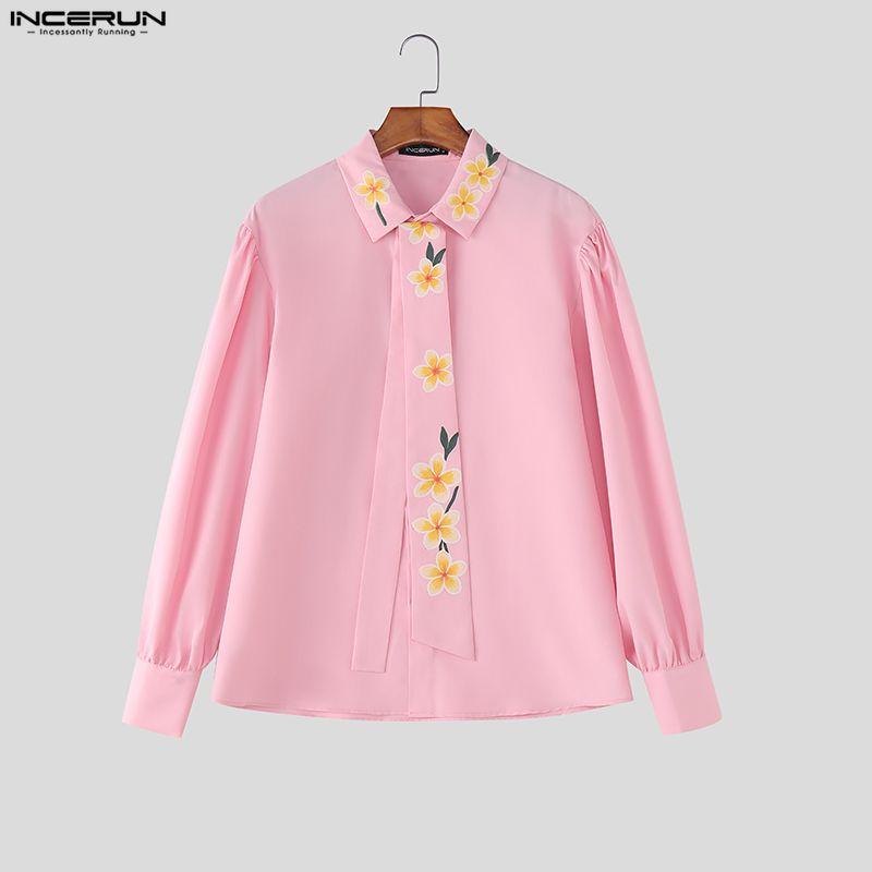 INCERUN Men Lapel Neck Long Sleeve Tie Up Buttons Up Floral Print Casual Shirts