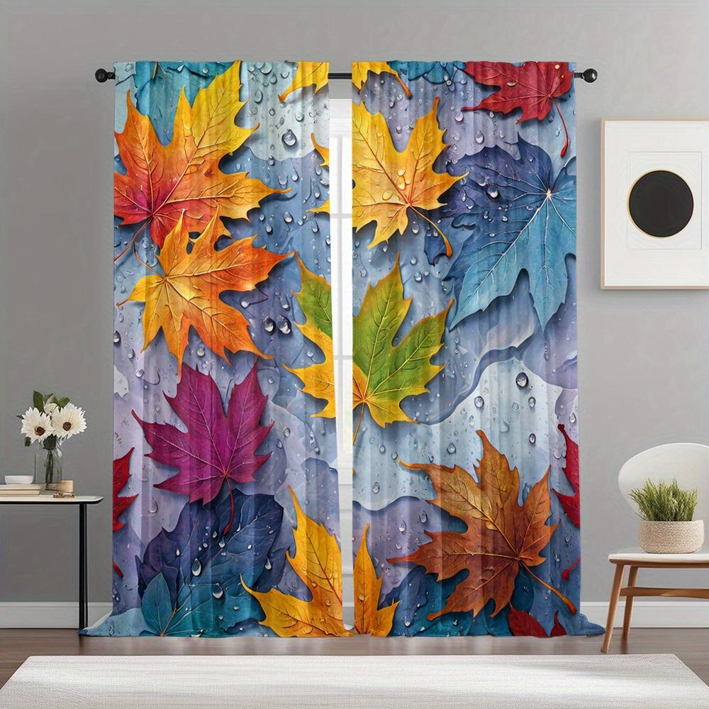 Autumn Maple Leaf Water Droplet Curtains Set of 2 Rod Pocket Semi Sheer for Living Room Bedroom Decor 60×150