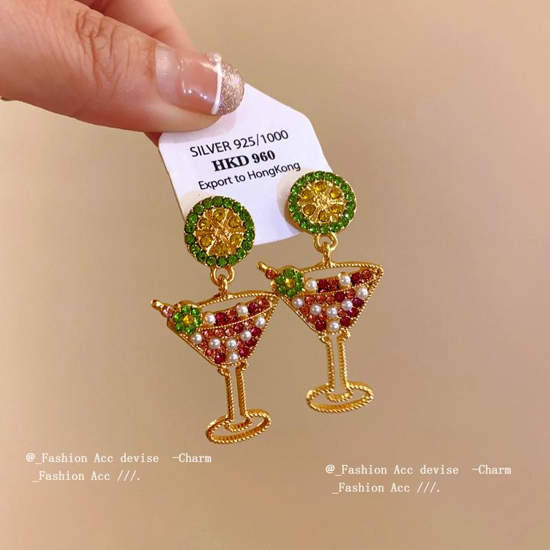European and American diamond-set lime wine glass pearl earrings, personality trend fashion earrings, niche temperament creative earrings