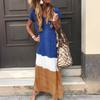 Women's Summer Long Dress Patchwork V-Neck Loose Maxi Dress Casual Short Sleeve Beach Vacation Sundress