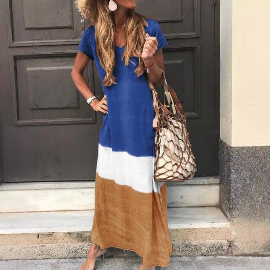 Women's Summer Long Dress Patchwork V-Neck Loose Maxi Dress Casual Short Sleeve Beach Vacation