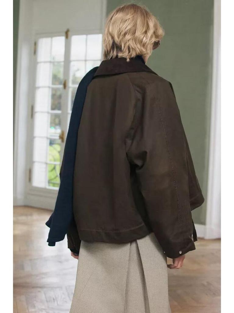 Chaqueta Retro para Mujer 2025 con Cuello de Pana y Cuero Encerado - Estilo Casual Europeo y Americano