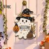 Hanging Door Sign Halloween Wooden Ghost Welcome for Front Door, Rustic Cartoon Hanger Plaque with Pumpkin Wizard Hat And Broom Holiday Party
