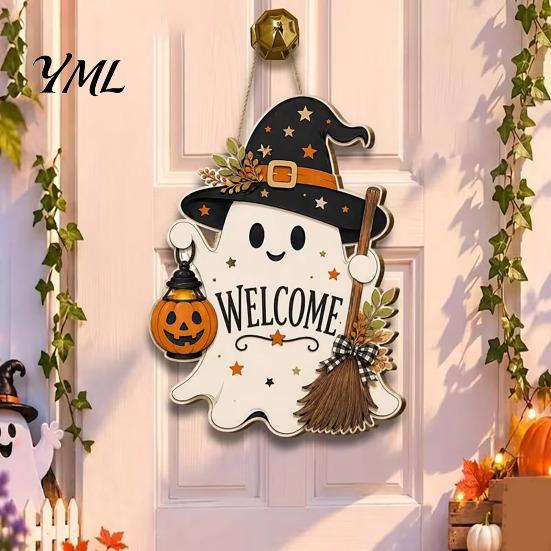 Hanging Door Sign Halloween Wooden Ghost Welcome for Front Door, Rustic Cartoon Hanger Plaque with Pumpkin Wizard Hat And Broom Holiday Party