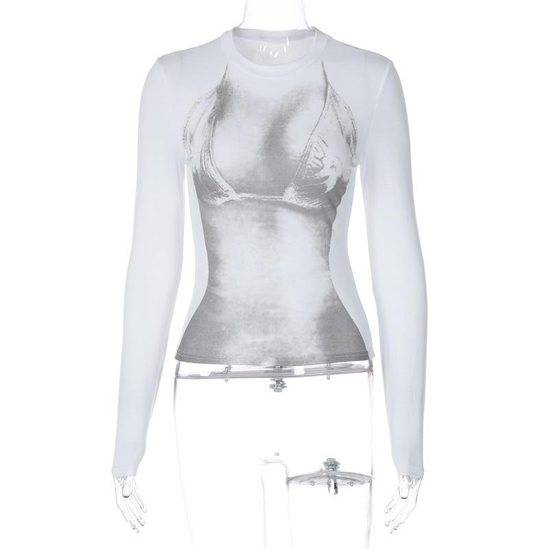 

GMXIA Женская осенне-зимняя мода, индивидуальный дизайн с принтом, стиль Spice Girl, круглый вырез, длинный рукав, тонкая футболка, топ L белый