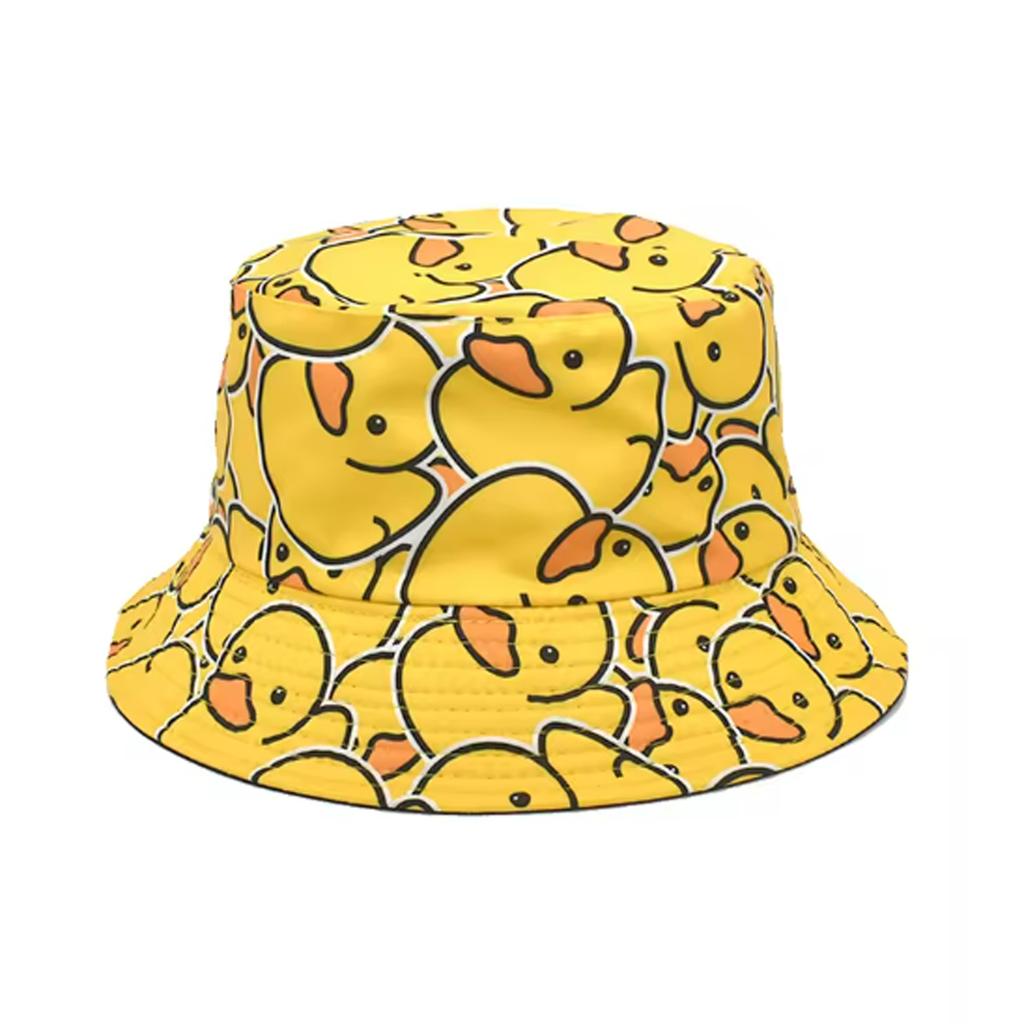 1PC Fashionable Full-Print Duck Casual Bucket Hat Cartoon Print Pattern Bucket Hat Reversible Foldable Lightweight Flat-Top Hat