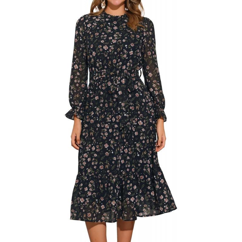High-necked flower long-sleeved dress women s 2026 spring new elegant chiffon medium and long skirt S чёрный