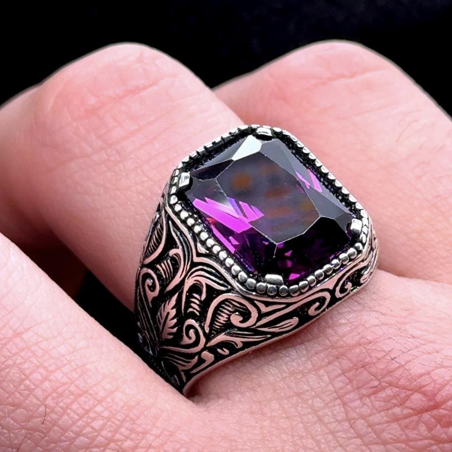 

Vintage Handmade Türkiye Badge Ring Unisex Ancient Silver Carved Ring Purple Green Black Zircon Inlaid Rock Bike Fan Style 12