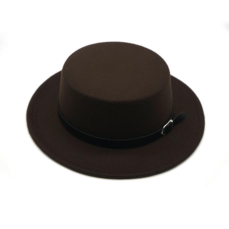 British Style Silver Buckle Belt Flat Top Top Hat Couple Men And Women Solid Color Gentleman'S Hat Large Flat Wide Brim Woolen Warm Hat