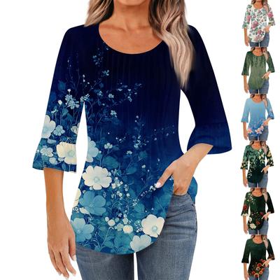 Tricou de damă la modă, casual, plisat, cu guler rotund, imprimeu floral, mânecă trei sferturi