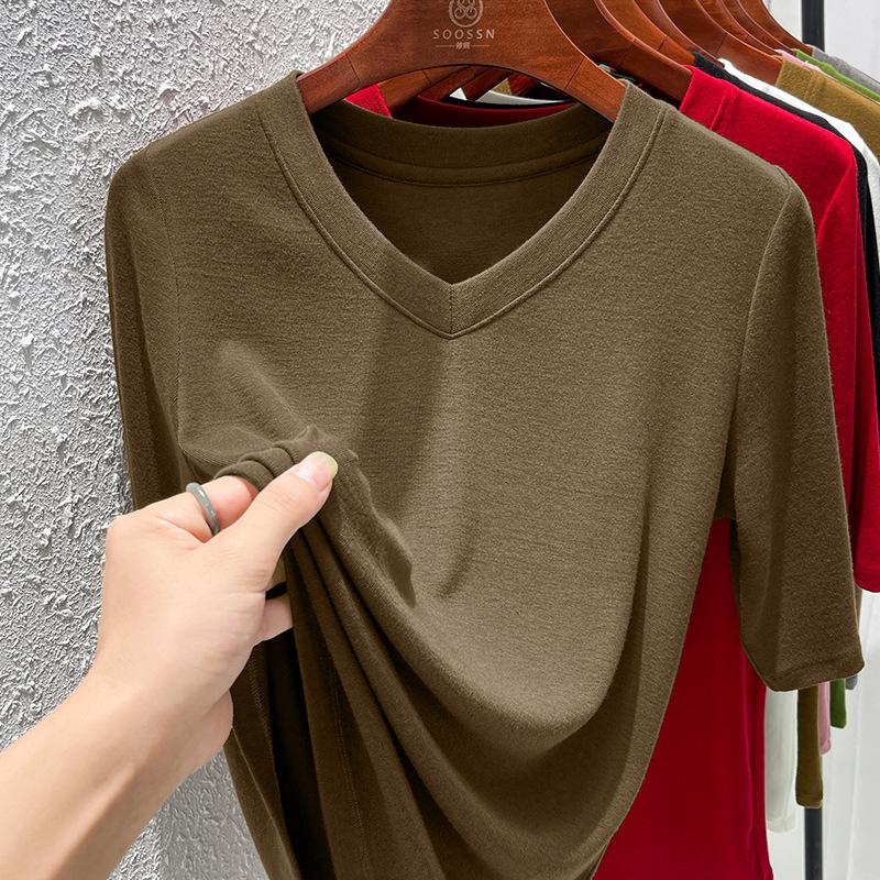 Modal-Baumwoll-Schulter-T-Shirt Damen Herbst neu einfach vielseitig Kragen T-Shirt Damen mittellangarm Dreiviertelarm Oberteil