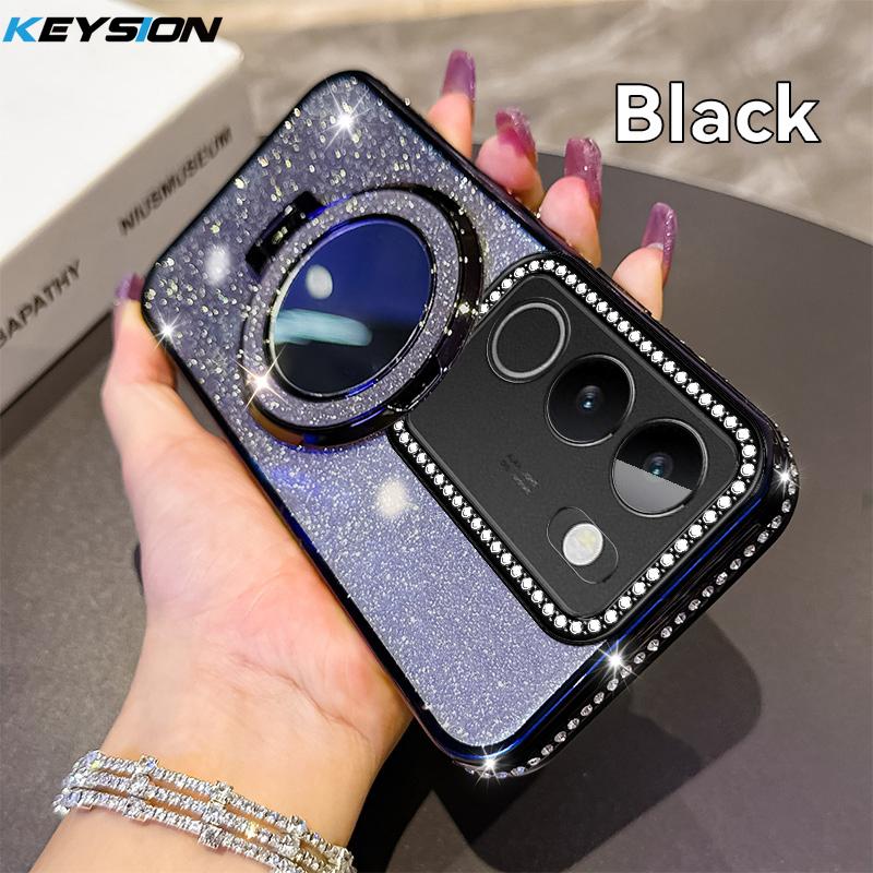 

KEYSION Luxury Glitter Jewelled Magnetic Phone Case for VIVO V29 5G V27 5G Makeup Mirror Metal Ring Stand Shockproof Back Cover for VIVO V29 5G чорний