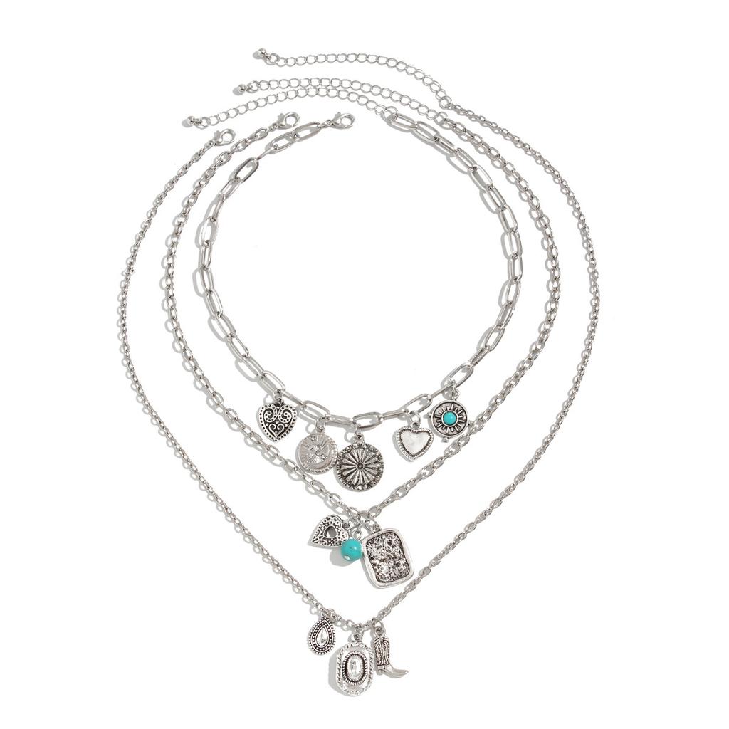 Ethnic Style Western Cowboy Hat Boots Pendant Necklace, Retro Metal Love Imitation Turquoise Necklace