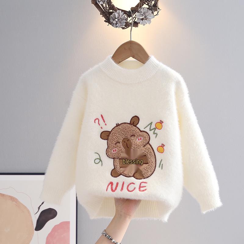 Girls' Mink Velvet Knitted Pullover Sweater - Thickened and Fashionable for Autumn/Winter
