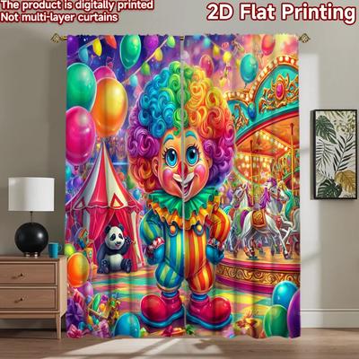 2D Flat Printing 2pcs Window Curtains Clown Circus Carnival Joy Digital Printed Polyester Drapes Festive Curtains for Indoor
