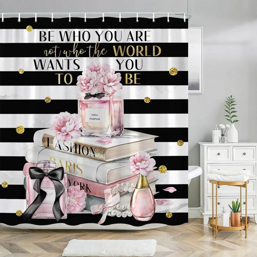 Pink Perfume High Heel Shower Curtain Set Black White Stripes Fashion Girl Woman Bathroom Decor Polyester Bathtub Curtains Hooks