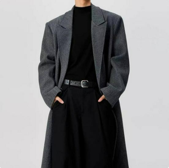 

Men s Double-Breasted Wool Trench Coat with Padded Shoulders - Korean Style for Autumn/Winter XL сірий колір