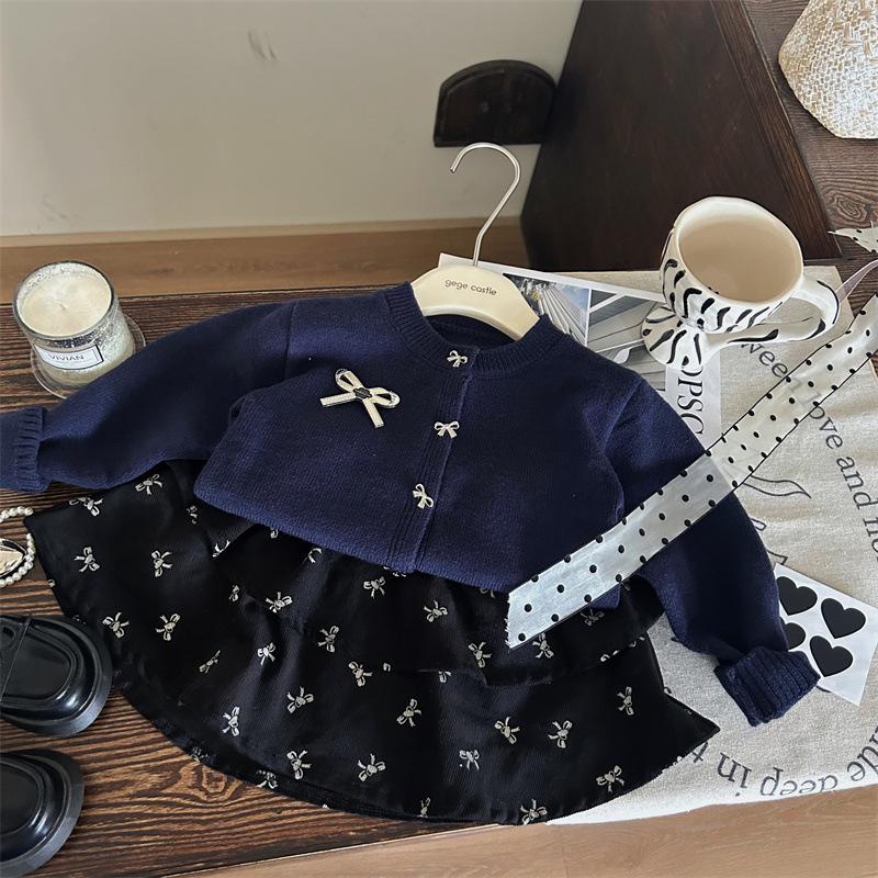 Final Sale: Autumn Girls' Bow Sweater Cardigan with Corduroy Skirt Pants - No Returns or Exchanges