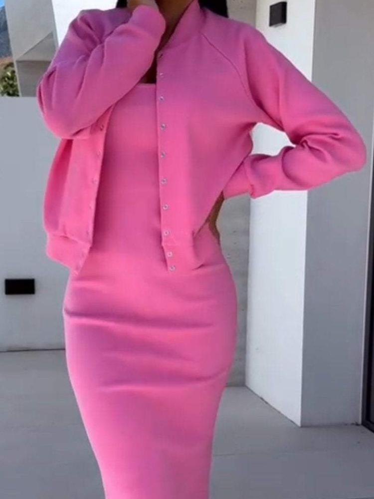 Women's Two-Piece Outfit Slim Fit Dress with Long Sleeve Cardigan Set In Multiple Colors