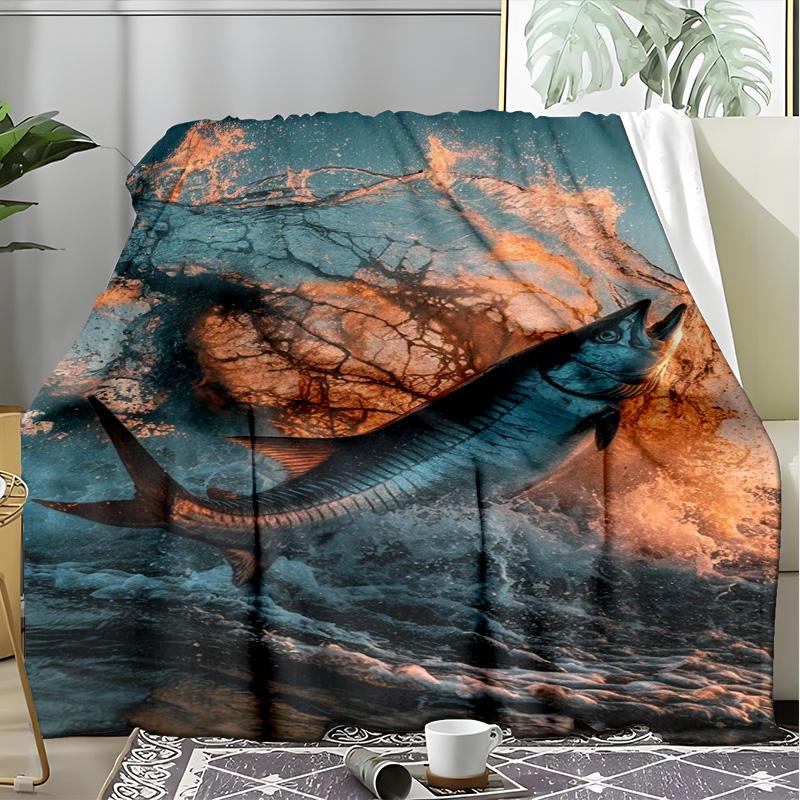 Orca Whale Jumping Ocean Scene Fleece Printed Flannel Blanket, Warm Soft Throw Sofa Bed Blanket