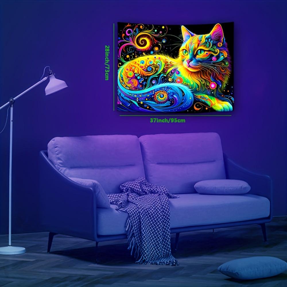 Psychedelic Cat Fluorescent Tapestry Outer Space UV BlackLight Tapestry, Wall Hanging For Living Room Bedroom Office Home Decor