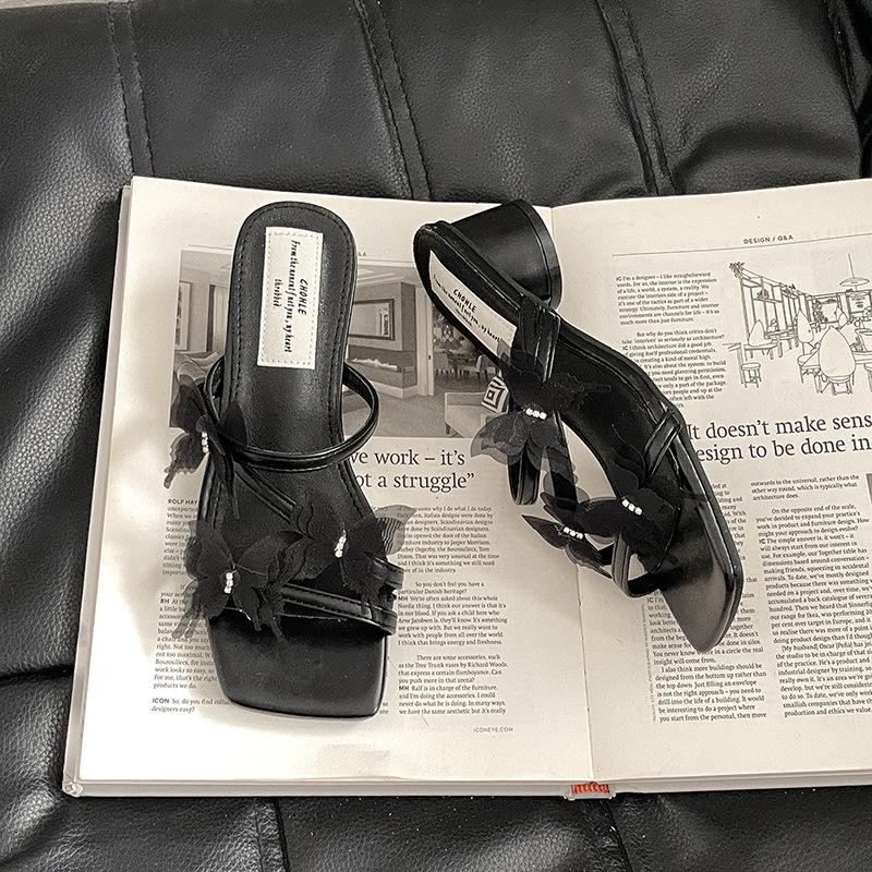 

Gentle slippers 2025 summer French temperament elegant bow high heels with skirt thick heel sandals 35 чёрный