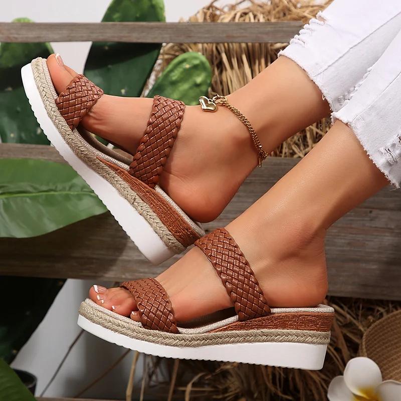 Fashion 2025 Women's Sandals New Vintage Wedge Heeled Woven Sandals Women Summer Plus Size Thick Sole Slippers Woman Comfort Causal Shoe