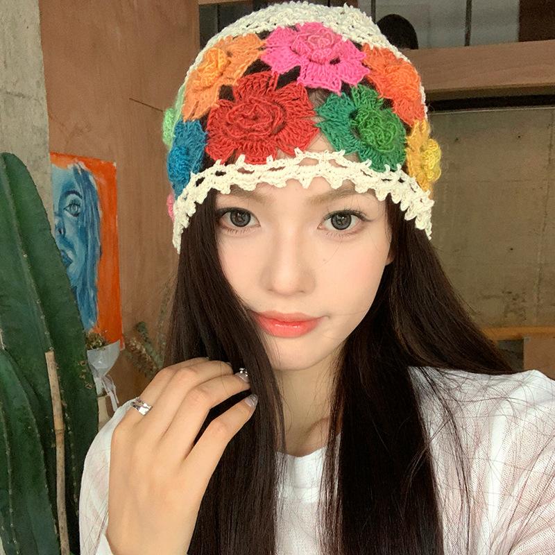 Literary and Artistic Color Knitted Hollow Flower Headgear Women's Summer Thin Cute Niche Hat Tide