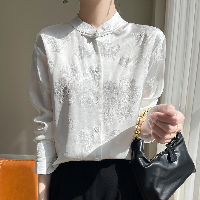 Women's Summer Stand Collar Jacquard Shirt in Solid Color Silk Satin