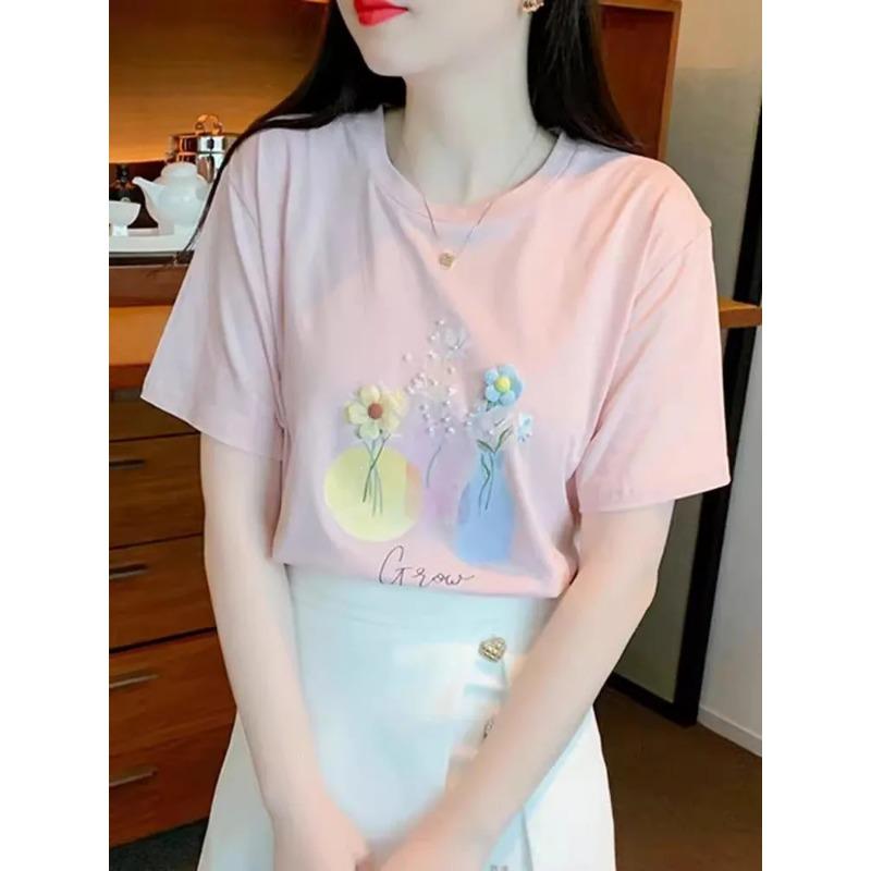 

Women s Floral Vase Print Crew Neck Short Sleeve Casual T-Shirt S