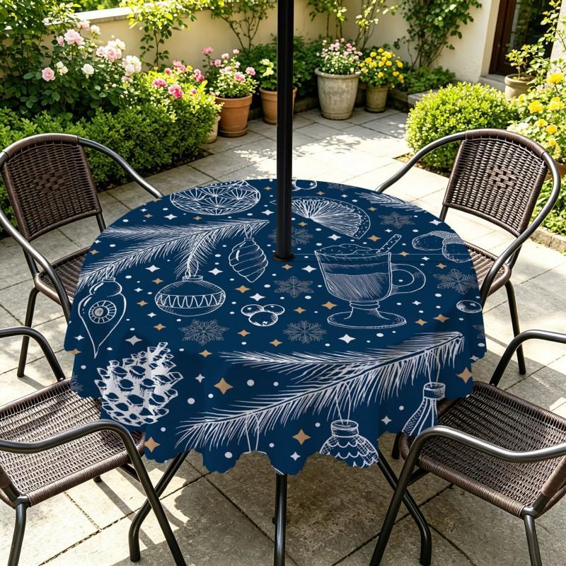 Outdoor Christmas Tablecloth Round Waterproof Oil-Resistant Patio Table Cover Garden Deck Umbrella Hole