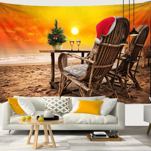 Snow Christmas Tree Fireplace Santa Claus Print Tapestry Wall Hanging Background Cloth Decor Christmas Home Room Wall Decoration