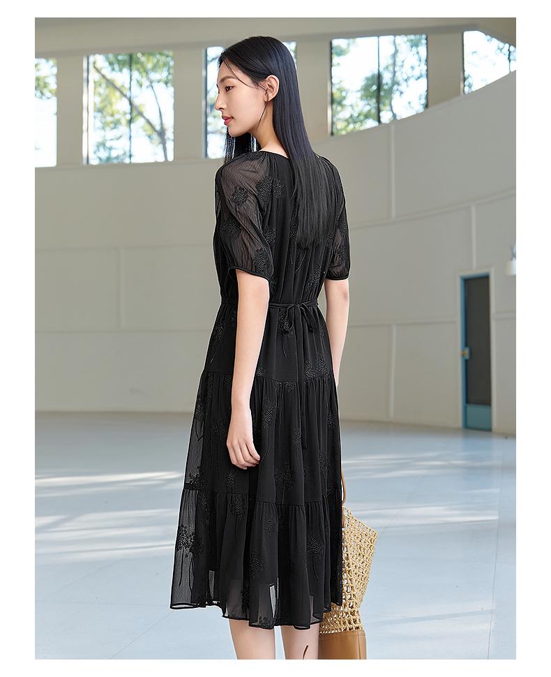 Jiuzi Anna Kou Light Mature Sexy Three Dimensional Embroidered Texture Chiffon Waist Dress for Women 2025 Summer New Style