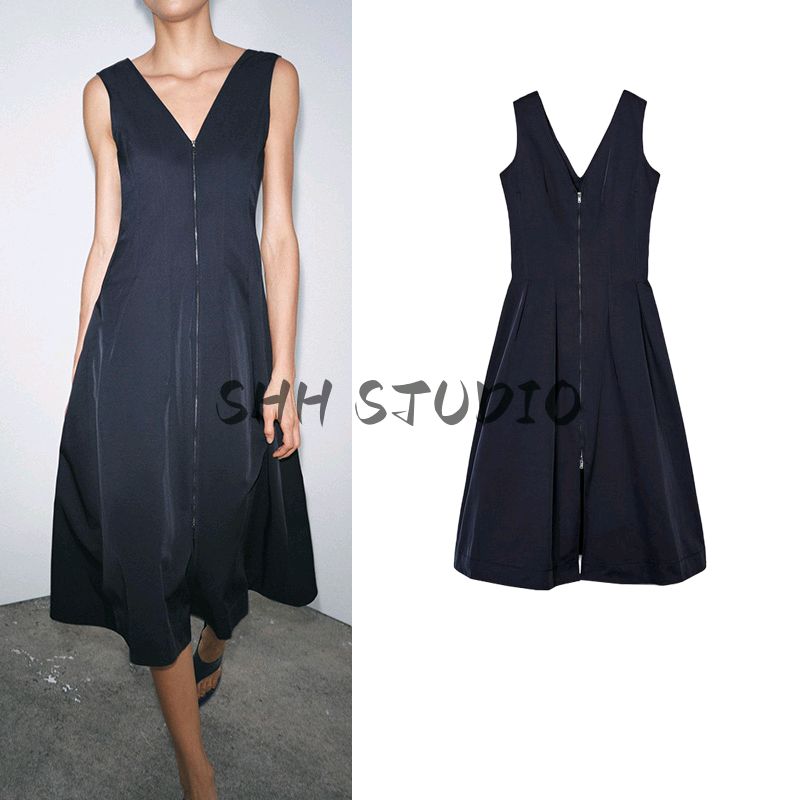 Spring and Summer New Women clothes Cotton Blended A- line Hem Zipper Ornament V-neck Midi Dress 9479051