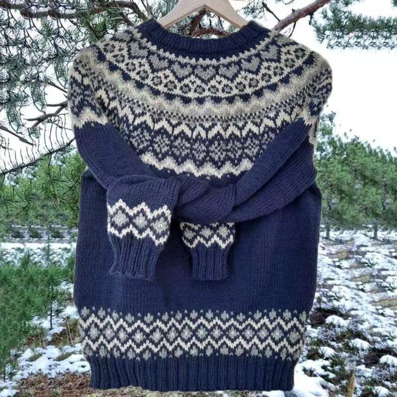 Womens Round Neck Colorblock Loose Knit Sweater Street Style Casual Pullover With Geometric