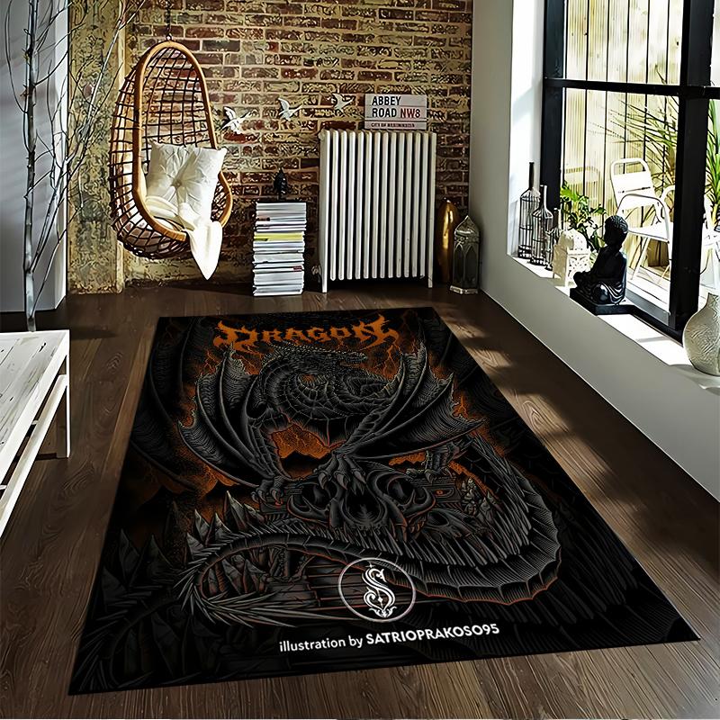 Black Dragon On Skulls Dark Fantasy Orange Fire Art soft floor mat for home living space grunge rock band retro print printed wall carpet floor mat
